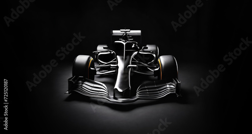 Formula 1 black and silver racing car on black background photo