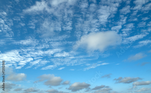 Blue sky cloud gradient background. Cloudy sky. Vivid cyan blue landscape in environment day horizon skyline view. White clouds on soft sky background. White cloudy sky.