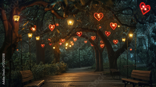 Night park decorated with red hearts illuminating trees with hanging lanterns for Valentine's day, creating a romantic atmosphere of love outdoors