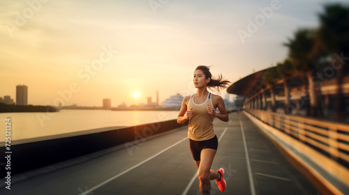 young asian woman running outdoors in a maritime walk at sunset - healthy and active lifestyle concept