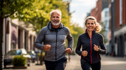 middle-aged couple running in the city - healthy and active lifestyle concept