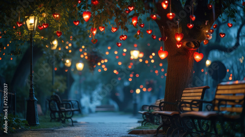 Night park decorated with red hearts illuminating trees with hanging lanterns for Valentine s day  creating a romantic atmosphere of love outdoors