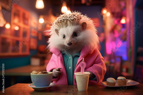 Hedgehog Enjoying Coffee and Pastries at a Cozy Cafe