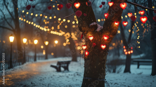 Night park decorated with red hearts illuminating trees with hanging lanterns for Valentine's day, creating a romantic atmosphere of love outdoors