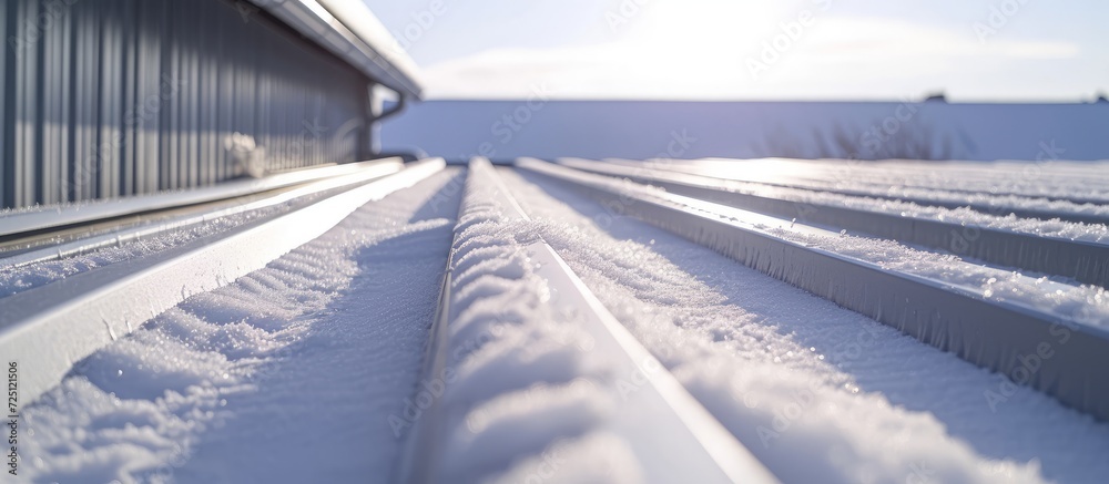 Obraz premium Metal roof snow guards help prevent the sliding of snow on slanted roofs in winter areas.
