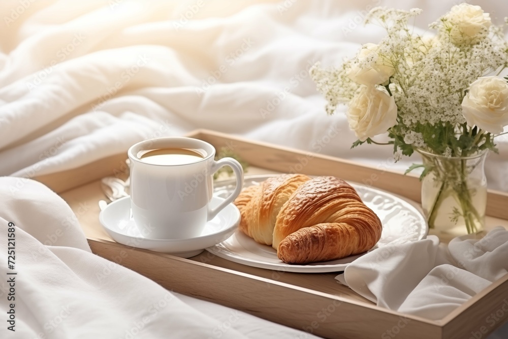 Traditional romantic breakfast in bed in white and beige bedroom. Cup of coffee and croissant on a wooden tray
Traditional romantic breakfast in bed in white and beige bedroom. Cup of coffee and croissant on a wooden tray