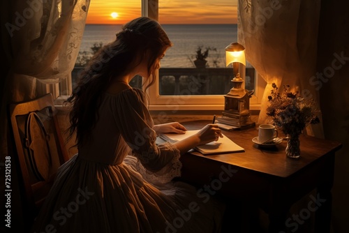 A woman in a dress sits at a table and writes a feast. Sunset time. View from the window. Woman writing a letter with a pen

