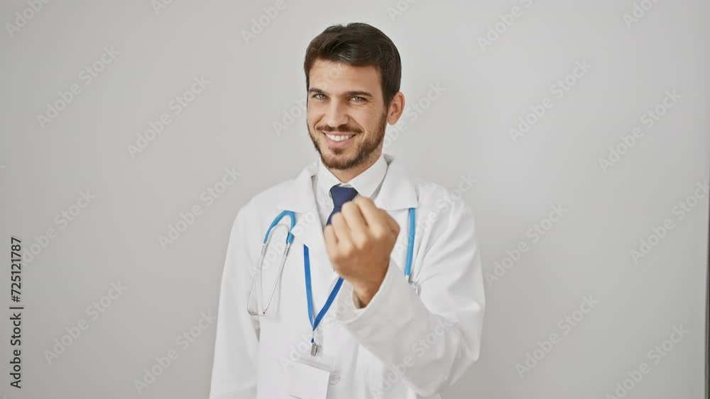 Cheerful young hispanic male doctor inviting with a beckoning 'come here' gesture, radiating charm while isolated on a white background. Cheerful young hispanic male doctor inviting with a beckoning 'come here' gesture, radiating charm while isolated on a white background.