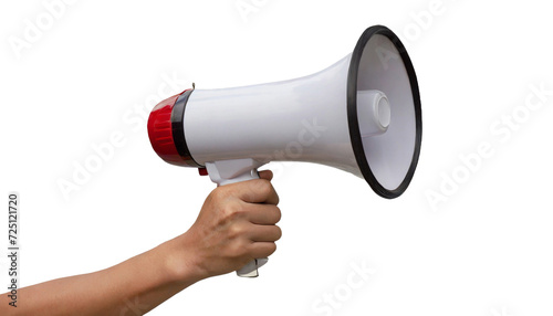 Hand holding megaphone isolated on transparent background. AI generated.