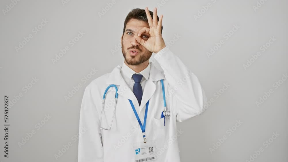 Shocked young hispanic man with stethoscope peeks through 'ok' finger gesture on a white isolated background, sporting a surprised, unbelievable facial expression! Shocked young hispanic man with stethoscope peeks through 'ok' finger gesture on a white isolated background, sporting a surprised, unbelievable facial expression!