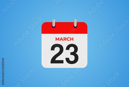 23 March calendar icon on blue background. Flat design. 