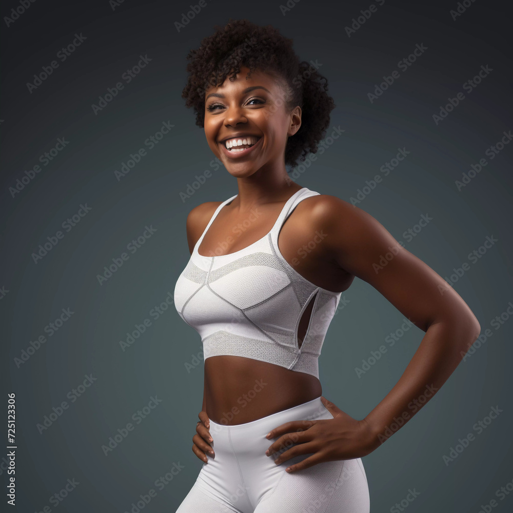 Mockup. Fashion Photography: Smiling Black Woman in White Underwear