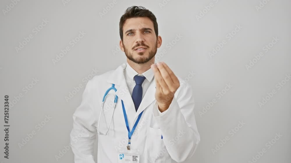 Confident young hispanic man doing italian hand gesture, wearing a casual coat and stethoscope, isolated on white background, full of cheerful expression and emotions Confident young hispanic man doing italian hand gesture, wearing a casual coat and stethoscope, isolated on white background, full of cheerful expression and emotions