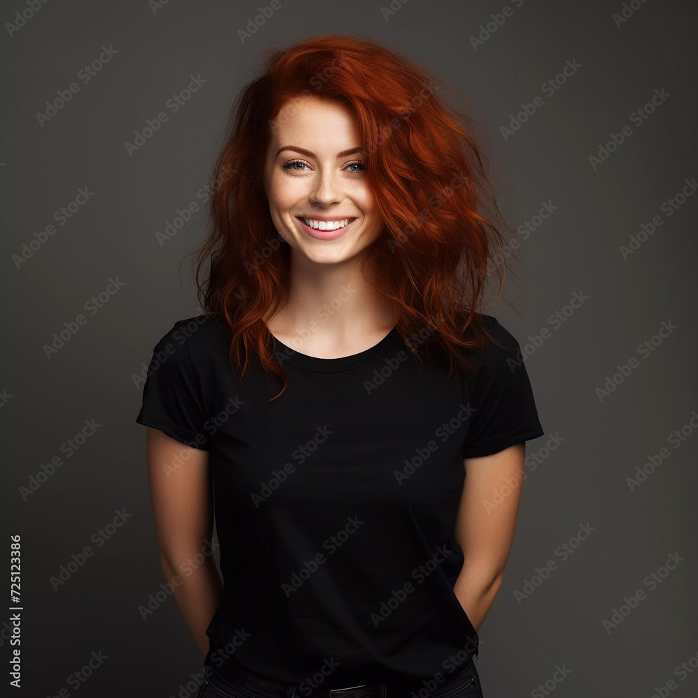 Mockup. Fashion Photography: Smiling Redhead Women in Black T-Shirt Mockup. Fashion Photography: Smiling Redhead Women in Black T-Shirt