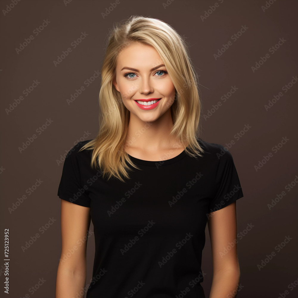 Mockup. Smiling Beautiful Blonde Women in Black T-Shirt Mockup. Smiling Beautiful Blonde Women in Black T-Shirt