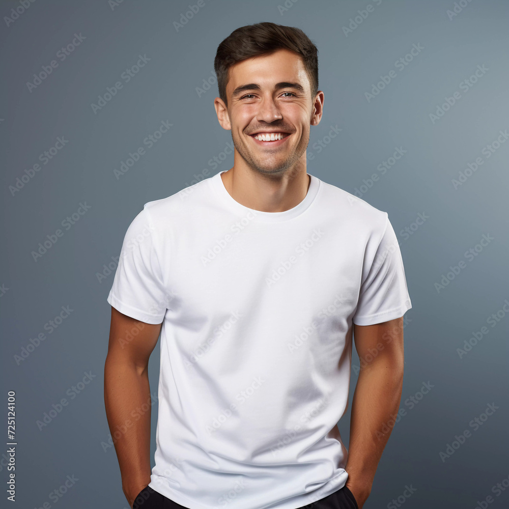 Mockup. Smiling Beautiful Disabled Male Model in White T-Shirt