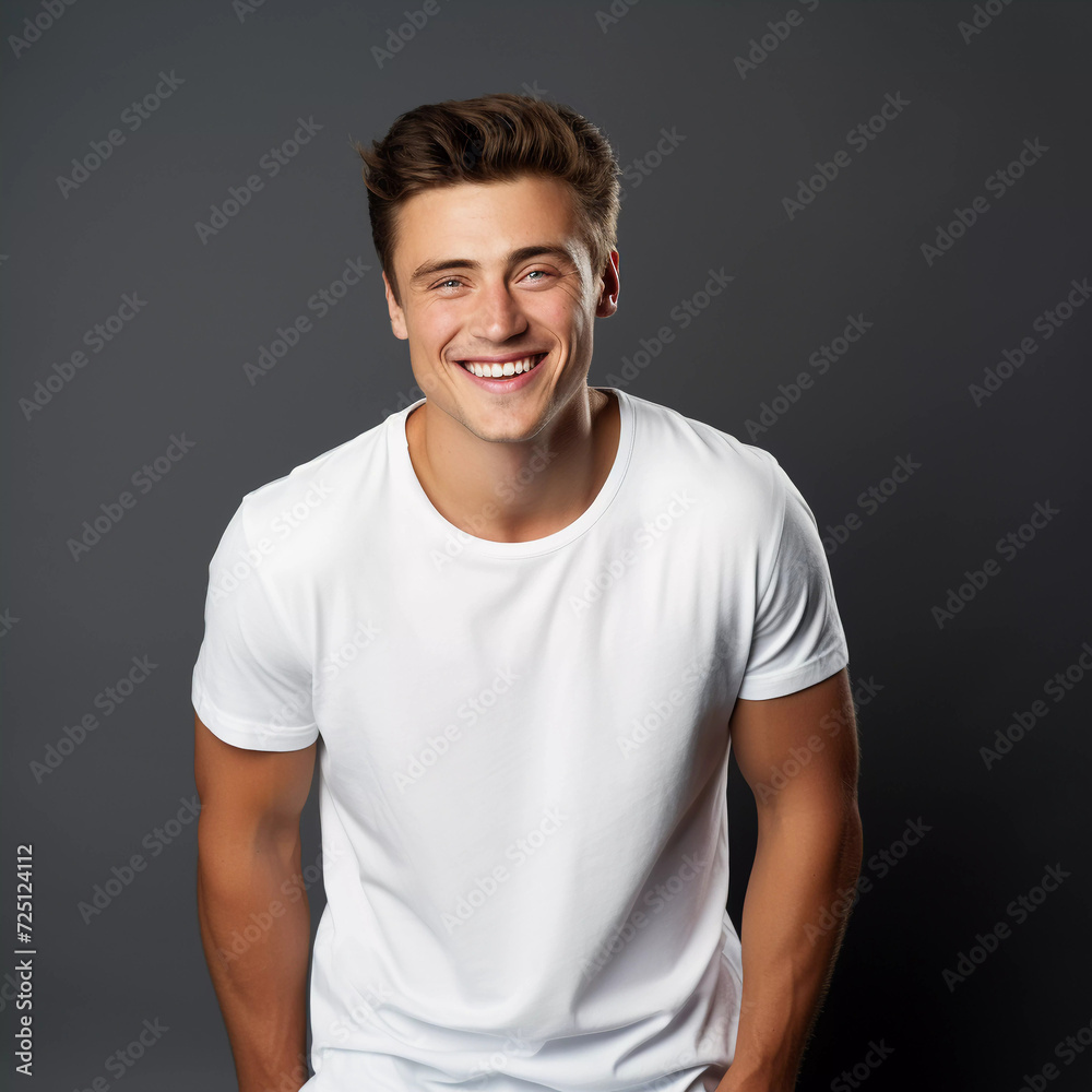 Mockup. Smiling Beautiful Disabled Male Model in White T-Shirt