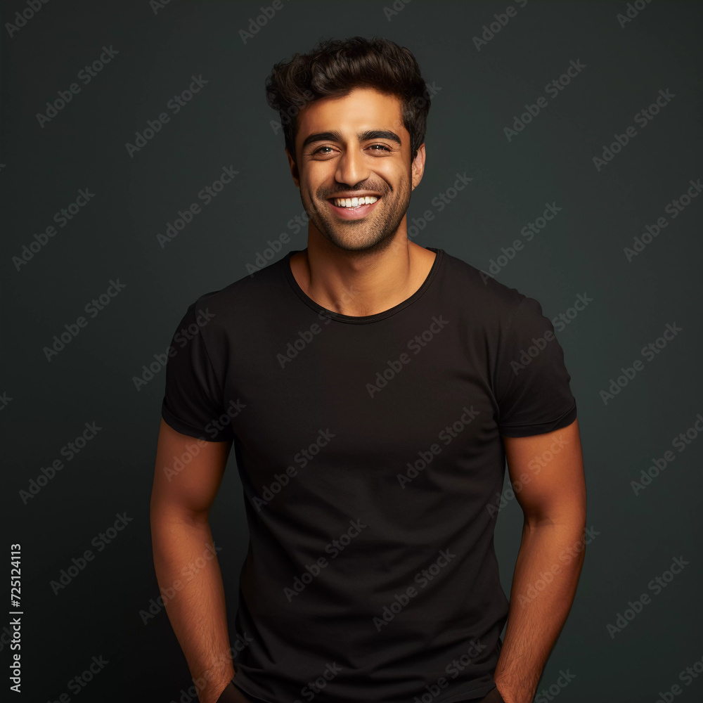 Mockup. Smiling Beautiful Indian Men in Black T-Shirt Mockup. Smiling Beautiful Indian Men in Black T-Shirt