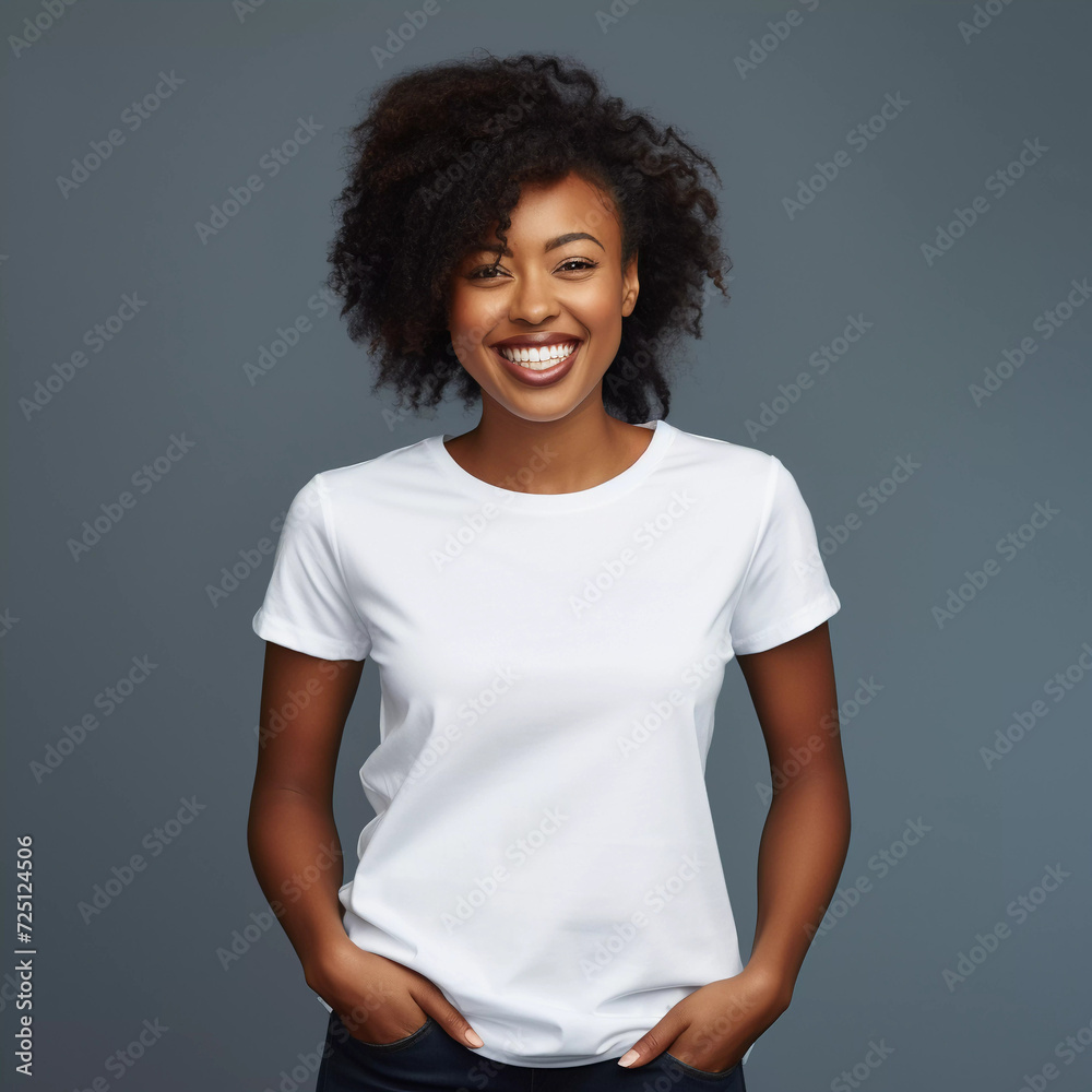 Mockup. Smiling Black Women in White T-Shirt
