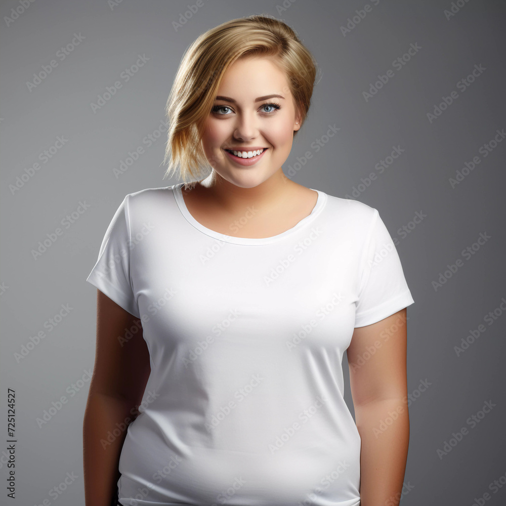 Mockup. Smiling Fat Women in White T-Shirt