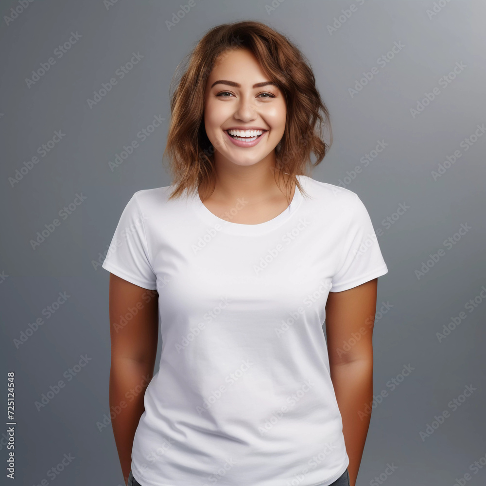 Fototapeta premium Mockup. Smiling Fat Women in White T-Shirt
