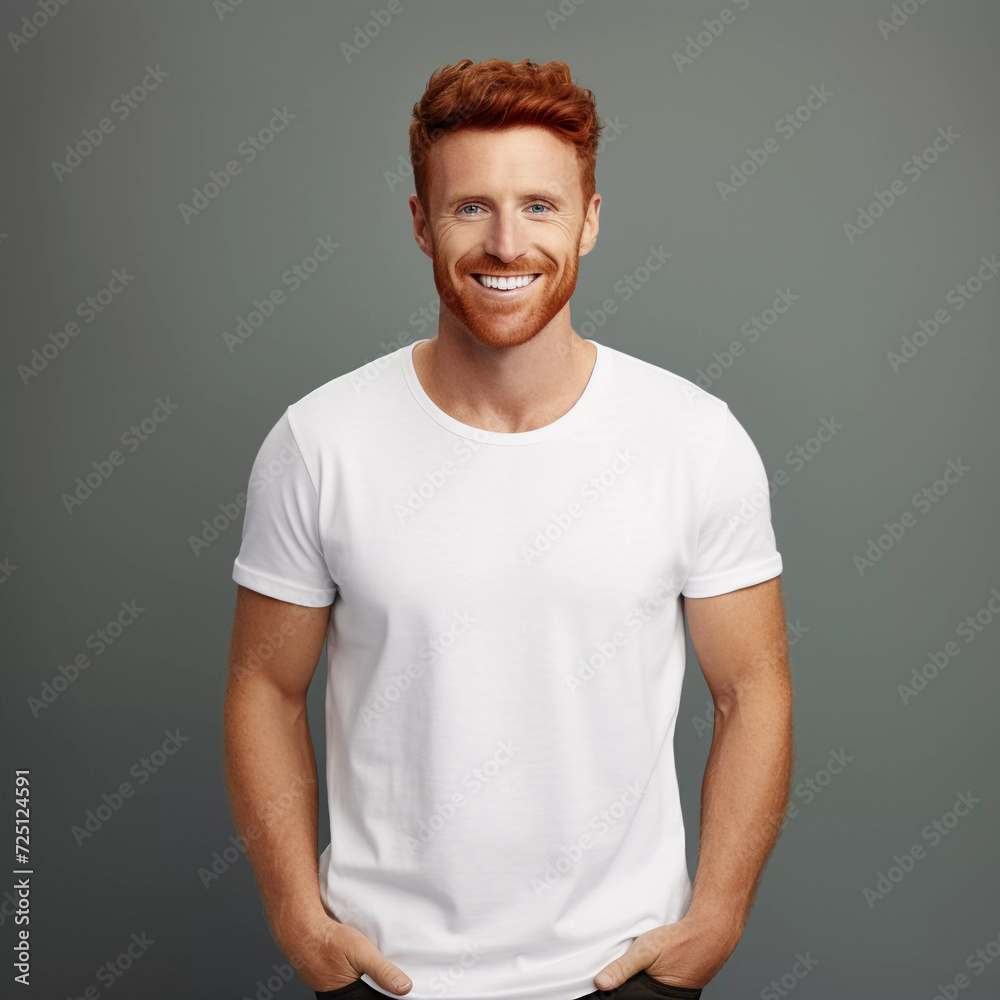 Mockup. Smiling Redhead Man in White T-Shirt Mockup. Smiling Redhead Man in White T-Shirt
