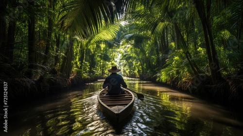 Mekong Delta Discovery: Experience the Riverside Charm as a Man Navigates Through the Lush Greenery on a Traditional Wooden Boat, Unraveling the Intricate Waterways of Vietnam's Mekong Delta.