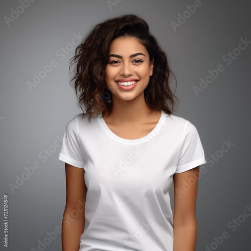 Mockup. Smiling Latina Women in White T-Shirt