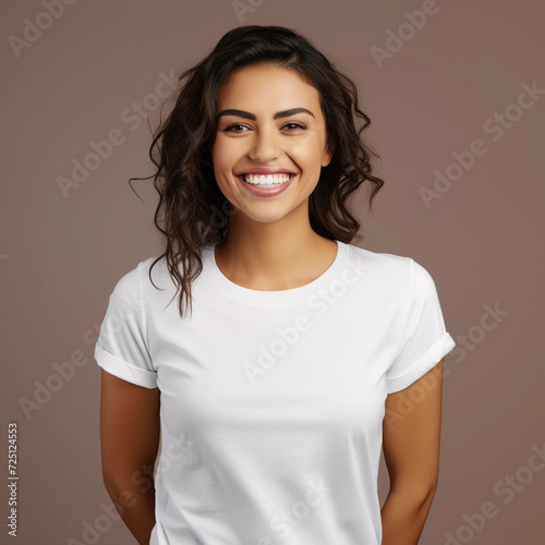 Mockup. Smiling Latina Women in White T-Shirt