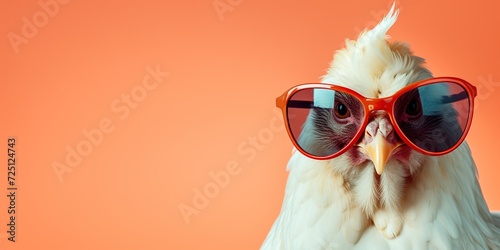 Chicken wearing sunglasses isolated on solid color background, copy space for text.