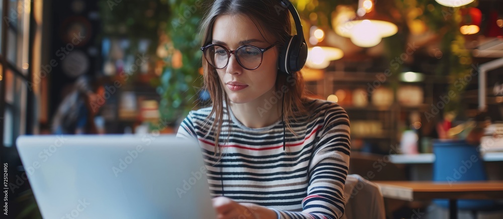 Obraz premium Motivated young woman in striped shirt observing computer screen and using tablet. Innovative girl in headphones and glasses working in office post coffee break.