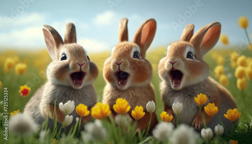 Three animated easter rabbits with expressive faces surrounded by vibrant yellow flowers in a sunny spring meadow
