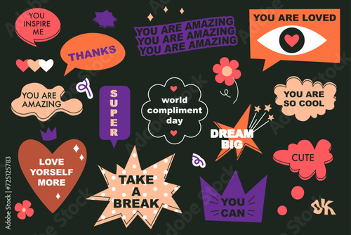 A set of bright speech bubbles with compliment phrases, self love quotes. Cartoon icons. Banner, poster, sticker concept. Modern elements for design. Vector illustration on black. Groovy style