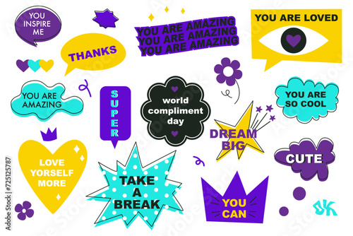 A set of bright speech bubbles with compliment phrases, self love quotes. Cartoon icons. Banner, poster, sticker concept. Modern elements for design. Vector illustration on white. Groovy style