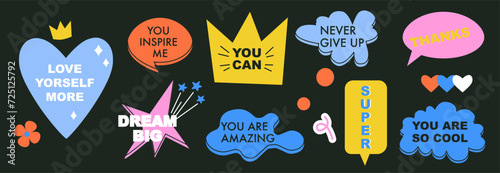 A set of bright speech bubbles with compliment phrases, self love quotes. Cartoon icons. Banner, poster, sticker concept. Modern elements for design. Vector illustration on black. Groovy style