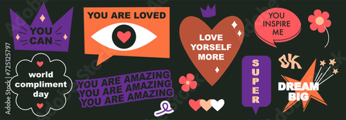 A set of bright speech bubbles with compliment phrases, self love quotes. Cartoon icons. Banner, poster, sticker concept. Modern elements for design. Vector illustration on black. Groovy style