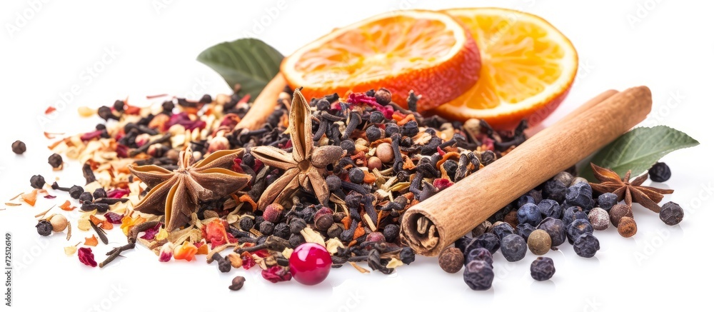Dry herbal tea mixed with spices and fruit, displayed on a white background. - obrazy, fototapety, plakaty 