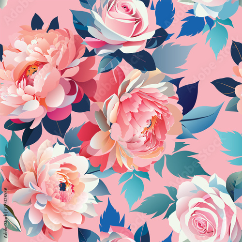 Roses and peonies with leaves seamless reversible pattern. Hand drawn vector flower abstract background. Fabric clothes vintage decorative print