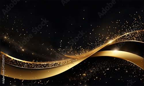 Abstract dark background with glowing particles, gold waves, and stars. Galaxy, futuristic world. Designed for banners, wallpaper, template, background, postcard