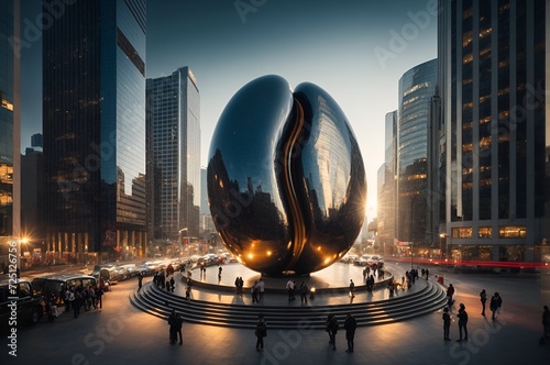 a giant coffee bean statue in the midst of a city