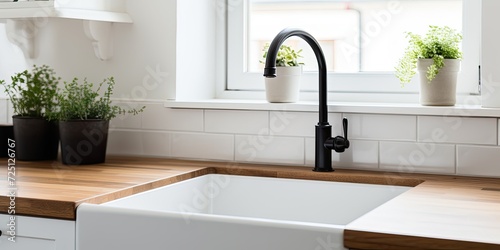 Black sink and faucet detail in a white kitchen with butcher block countertop, white subway tile backsplash, and cozy decor.