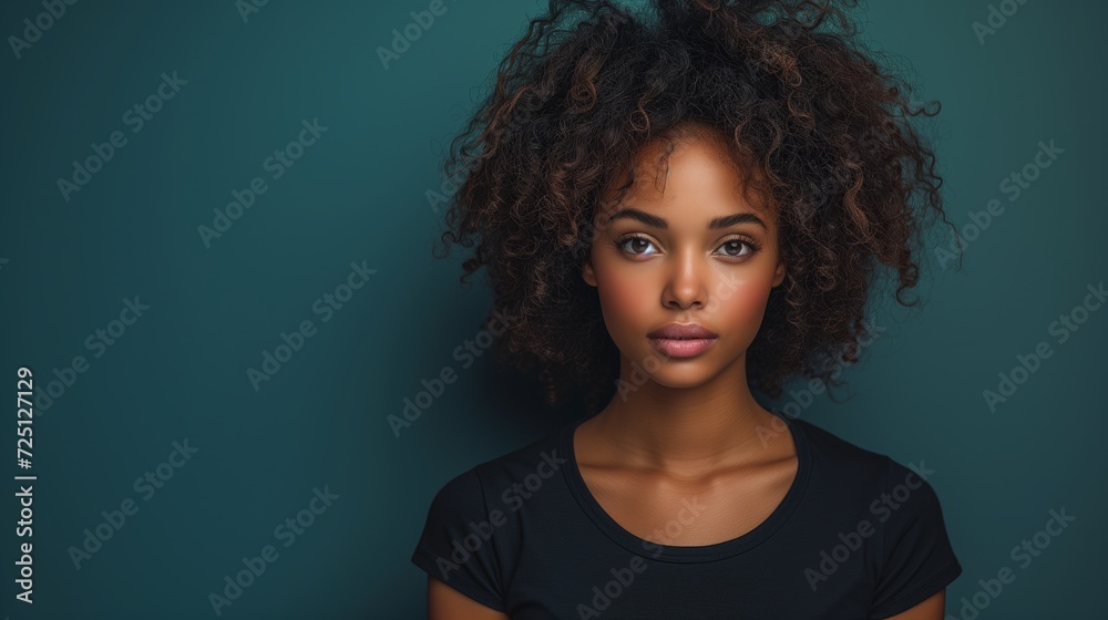 A black young woman with curly hair stands confidently in front of a vivid green wall, captivatingly merging her vibrant personality with the beauty of natures own canvas mockup tshirt concept A black young woman with curly hair stands confidently in front of a vivid green wall, captivatingly merging her vibrant personality with the beauty of natures own canvas mockup tshirt concept