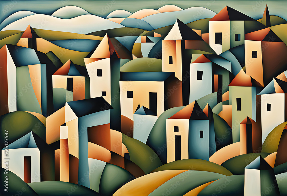 cubist style abstract painting of a european village in a rural setting with geometric shapes and subdued colors - obrazy, fototapety, plakaty 