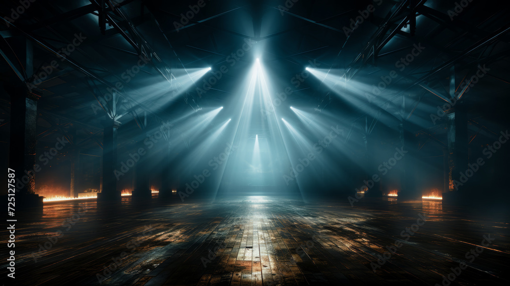 Fototapeta premium Dramatic Illumination Inside an Industrial Warehouse Venue Background
