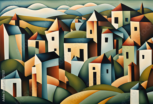 cubist style abstract painting of a european village in a rural setting with geometric shapes and subdued colors photo