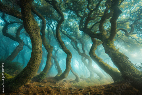 Whimsical upside-down forest where trees grow upside down.