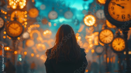 Lonely Girl Standing on Dark Street with Clocks in the Background photo