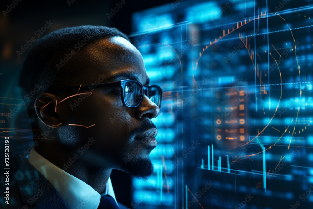 Portrait of a man analyzing financial data. Stock market. Double exposure. High quality photo Portrait of a man analyzing financial data. Stock market. Double exposure. High quality photo