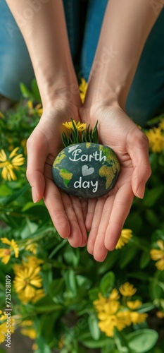Person Holding Rock With Earth Day Message Generative AI