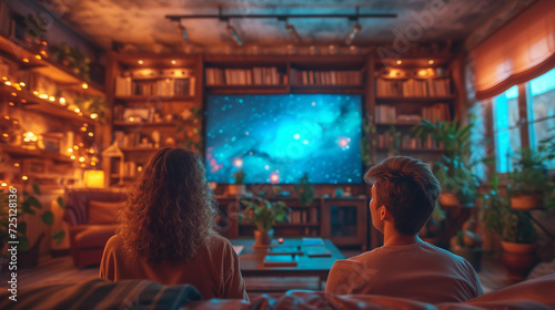 Wallpaper Mural Holographic screen in futuristic home, couple engaged, showcasing innovation Torontodigital.ca